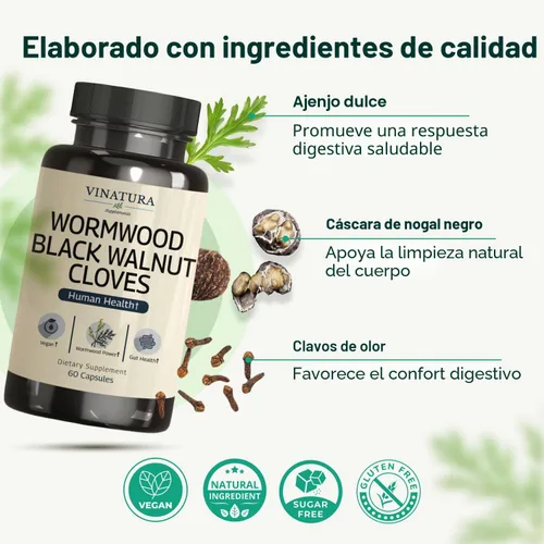 Vista 4 de VINATURA Cápsulas de clavo de nogal negro de ajenjo, fórmula de limpieza, desintoxicación, protector intestinal para humanos, con hierba de ajenjo