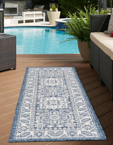Vista 44 de Unique Loom Outdoor Aztec Collection Alfombra de área - Chalca (10 pies, redonda, azul/marfil)