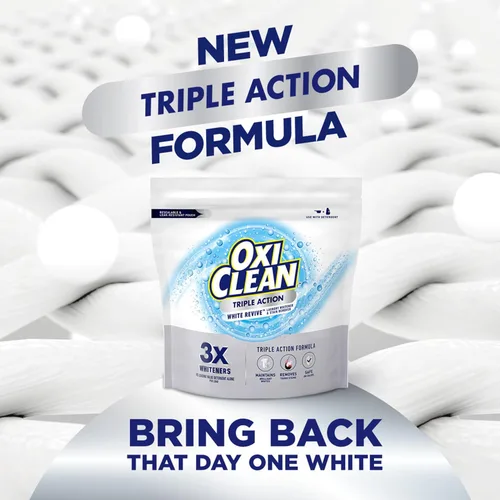 Vista 2 de OxiClean Triple Action White Revive Blanqueador de ropa en polvo y removedor de manchas, usar con detergente, blanquea y abrillanta la ropa, elimina