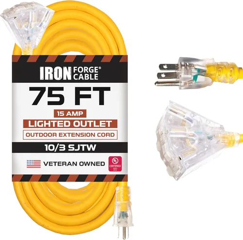Vista 17 de Iron Forge Cable 3 ft Lighted 10 Gauge Extension Cord 3 Outlets - Heavy Duty Extension Cord Outdoor with Multiple Outlets 15 AMP, 10/3 Black Power