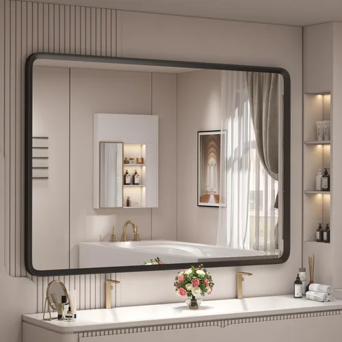 Vista 20 de Espejo de baño negro de 24x32 pulgadas con marco de metal mate, espejo de tocador con marco negro, espejo rectangular redondeado, antióxido, a