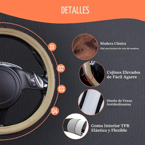 Vista 4 de CAR PASS - Funda de volante de cuero de grano de madera de 14.5-15 pulgadas de microfibra, diseño antideslizante con vetas, funda universal