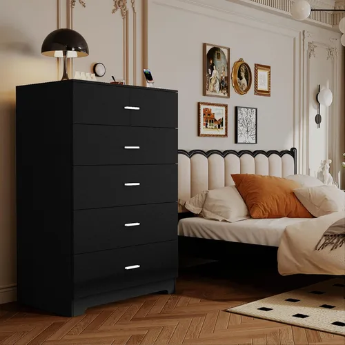 Vista 8 de GEPELCN Cómoda para dormitorio con tomas de corriente, cómoda de madera con 5 cajones con gran espacio de almacenamiento, cómoda negra con riel