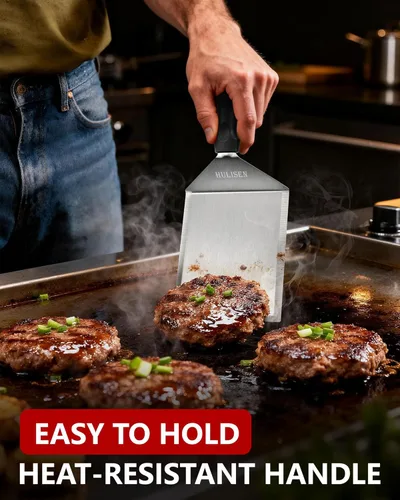 Vista 2 de HULISEN Espátula grande de acero inoxidable para parrilla, espátula de metal resistente de 6 x 5 pulgadas con bordes de corte, accesorios