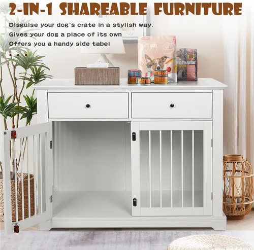 Vista 2 de LEMBERI Mueble de jaula para perros grande de 44 pulgadas con cajones de almacenamiento, mueble de perrera de madera para perros como mesa auxiliar