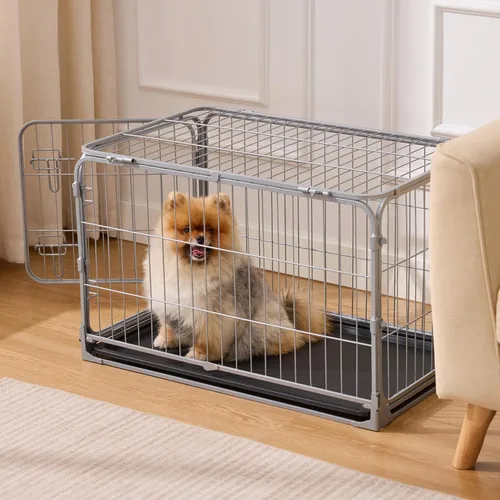 Vista 5 de ZOMISIA Jaula Plegable para Perros Pequeños - Perrera de Metal a Prueba de Escape de 30 Pulgadas con Doble Puerta, Jaula Plegable de Fácil Montaje
