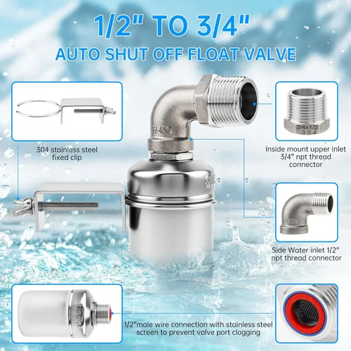 Vista 5 de 2 Pack Water Float Valve,1/2" to 3/4'' 1'' 304 Stainless Steel Fully Automatic Water Level Controller Float Valve