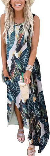 Vista 2 de ANRABESS - Vestido largo, informal y holgado para mujer, sin mangas, con bolsillos y abertura, para playa