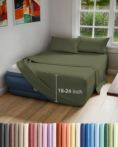 Vista 11 de Juego de sábanas de colchón de aire para tamaño matrimonial, 4 bolsillos extra profundos, color blanco 4 Piece Sheet Set, Fits Inflatable & Blow Up