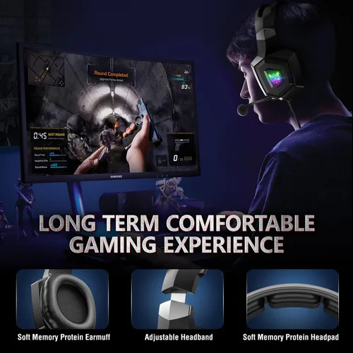 Vista 5 de Auriculares para juegos con micrófono, auriculares para juegos para PS4 PS5 Xbox One PC con luces RGB, auriculares Playstation con reducción