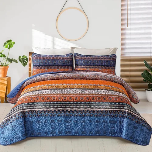Vista 22 de WONGS BEDDING Juego de edredón bohemio tamaño individual, juego de ropa de cama azul bohemio individual, colcha de microfibra ligera con funda