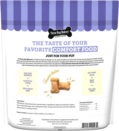 Vista 2 de Three Dog Bakery Itty Bitty Bones - Golosinas de mantequilla de maní para perros, 32 onzas, huesos crujientes para golosinas de entrenamiento