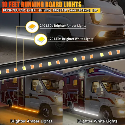 Vista 2 de 2 luces para estribo de 10 pies, luz LED lateral con 360 LED secuenciales ámbar intermitentes y luz blanca de cortesía, tiras de luz de emergencia