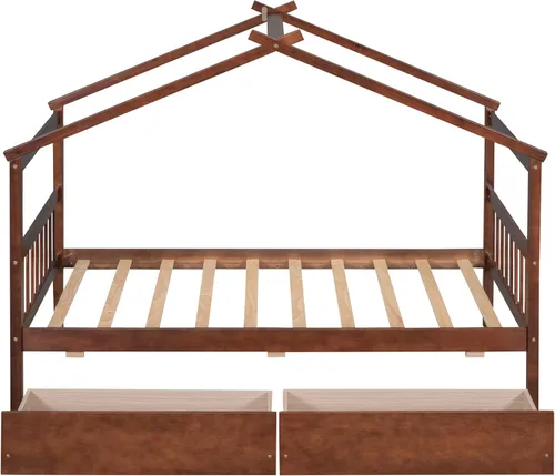 Vista 123 de Merax Cama de madera de tamaño individual con dos cajones, marco de cama de madera con techo para niños, adolescentes, niños o niñas, gris