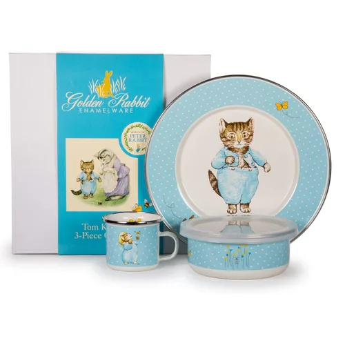 Vista 5 de Golden Rabbit Juego de vajilla infantil esmaltada: plato, taza y cuenco con tapa, conejitos azules