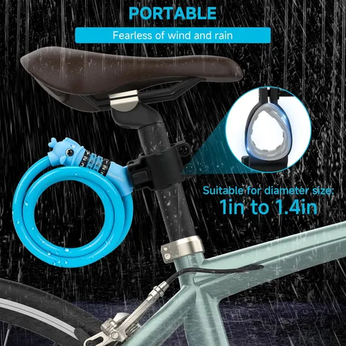Vista 6 de Candado para bicicleta, 1.19 m, combinación de 4 dígitos que se puede reiniciar, contraseña, candado antirrobo con cable, lindo candado