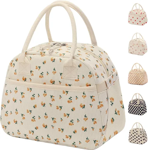 Vista 21 de Carry bloom Lonchera para mujer, lonchera aislada, bonita lonchera de pana reutilizable para el trabajo (1 rayas blancas y negras)