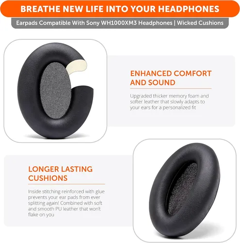 Vista 3 de WC Wicked Cushion Almohadillas de repuesto extra gruesas compatibles con auriculares Sony WH-1000XM3, color negro