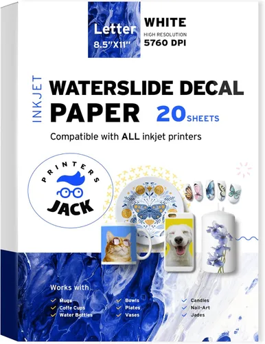 Vista 9 de Papel para calcomanías de agua a chorro de tinta Printers Jack 20 hojas tamaño A4, papel de transferencia de agua de alta calidad, calcomanías