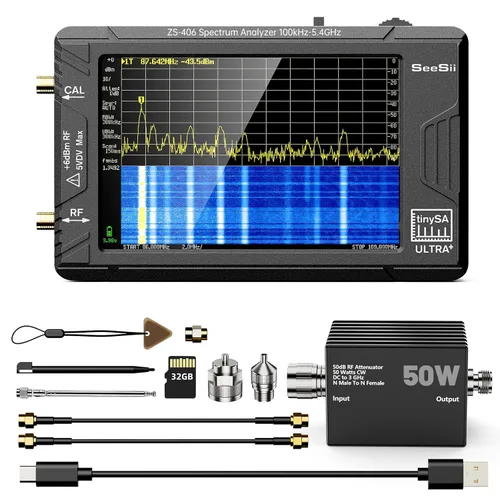 SeeSii TinySA Ultra+ ZS406 - Analizador de espectro con atenuador de 50 W, 4.0 pulgadas, 100 kHz a 5.4 GHz, analizador de frecuencia minúscula