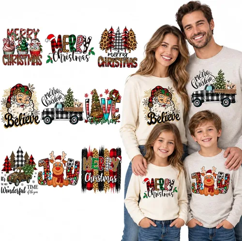 Vista 8 de 9 hojas de transferencia para planchar de Navidad para camisetas, parches para planchar de Navidad, diseño de transferencia de calor, calcomanías