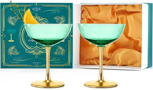 Copas de colores Coupe Art Deco doradas, juego de 2, cristalería clásica de cóctel de 12 onzas para champán, martini, Manhattan, sidecar, tallos de