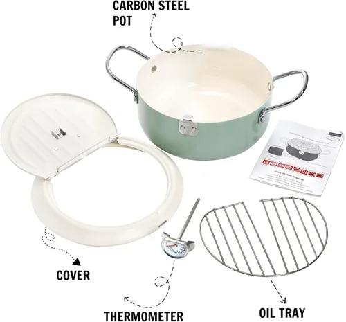 Vista 3 de ZOOFOX Olla con termómetro, olla japonesa con tapa y estante de drenaje de aceite, sartén antiadherente de tempura para cocina, papas fritas, pollo