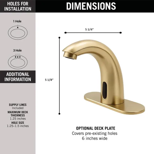 Vista 3 de Grifo de lavabo de baño sin contacto de oro cepillado, funciona con pilas, sensor de movimiento automático, grifo manos libres con válvula de mezcla