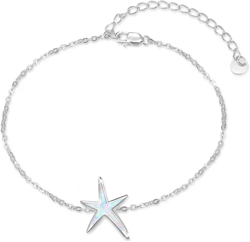 Pulsera de estrella de mar de plata de ley 925 con ópalo de fuego blanco, joyería de océano, regalo de cumpleaños para mujeres y niñas