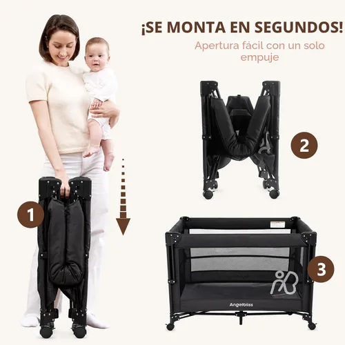 Vista 4 de Cuna para bebé ANGELBLISS, moisés junto a la cama, Pack and Play con colchón, cambiador de pañales, configuración de un solo botón, corralitos desde