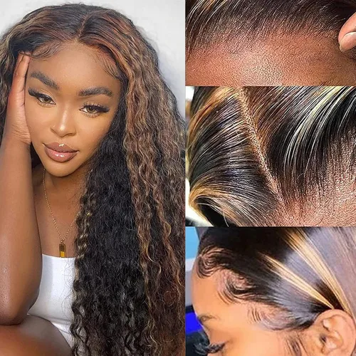 Vista 3 de haha Peluca de cabello humano rizado con reflejos degradados y encaje frontal transparente HD para mujer, color negro y marrón, sin pegamento