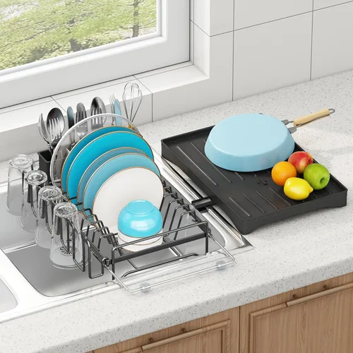 Vista 8 de ANTOPY Escurridor de platos pequeño - Escurridor compacto para encimera de cocina con tapete de secado de platos de silicona, escurridor de platos