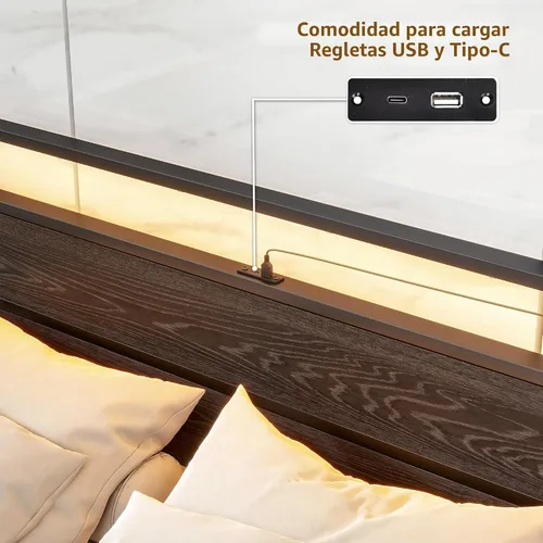 Vista 5 de BOFENG Base de cama de tamaño matrimonial con cabecera de madera/luces LED, plataforma de metal, marco de cama doble tamaño matrimonial con estación