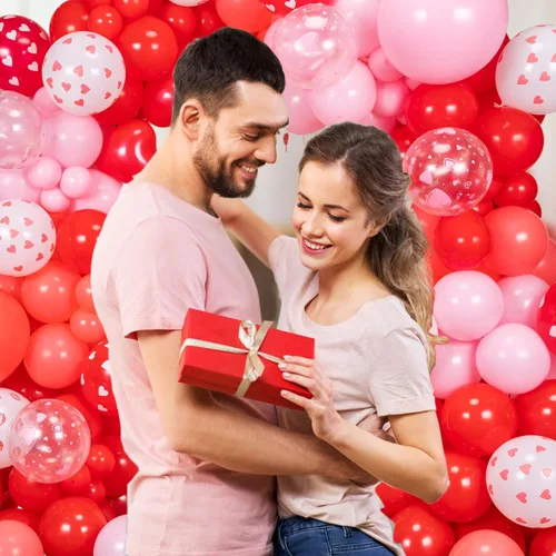 Vista 5 de Kit de guirnalda de arco de globos de San Valentín, 160 unidades, diseño de corazón rojo y rosa, 3.2 x 6 pies, telón de fondo para el día