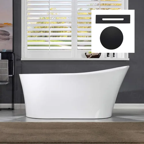 WOODBRIDGE Bañera de acrílico independiente de 59 pulgadas, bañera contemporánea con desbordamiento y drenaje negro mate B0083-MB-Drain O/blanco