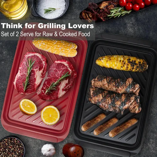 Vista 2 de Czlizdyt Bandejas para preparar y servir a la parrilla, plato de barbacoa para alimentos crudos y cocidos, bandejas de servir de melamina