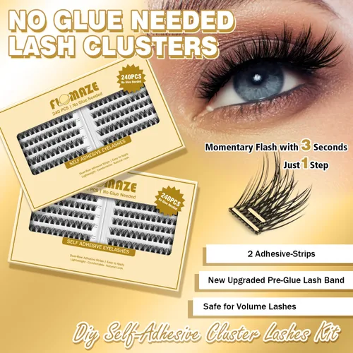 Vista 4 de Pestañas autoadhesivas, 240 racimos de pestañas autoadhesivas, no necesita pegamento, tiras de pegamento de doble fila de 0.315-0.630 in