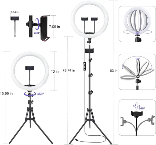 Vista 6 de 13" Selfie Ring Light with 76" Tripod Stand & 3 Phone Holder, LED Camera Ringlight with 48 RGB Colors Modes & Musical Rhythm Mode and 12 Brightness