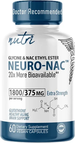 Nutri Neuro NAC Suplemento de 375 mg extra fuerte con 1800 mg de glicina – N-acetil cisteína etílico éster – 20 veces más biodisponible – Aumenta el