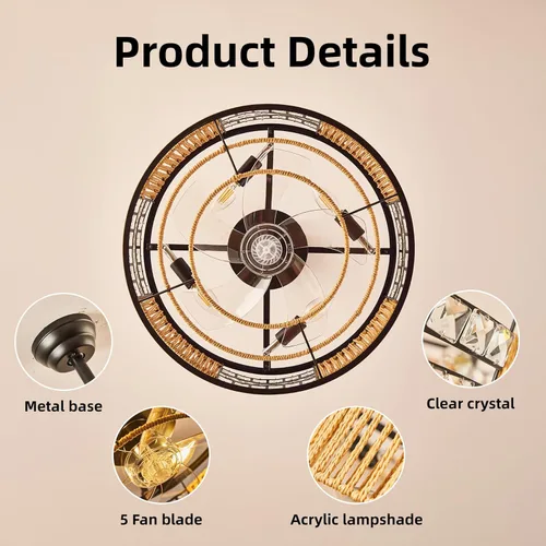 Vista 6 de Boho Caged Ceiling Fan with Light, 20” Black Crystal Chandelier Ceiling Fan Enclosed Low Profile Fandelier with Remote 6 Speeds Bladeless Ceiling