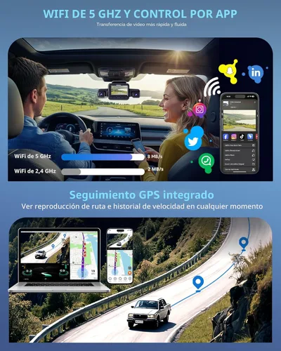 Vista 8 de Cámara de tablero de 4 canales frontal y trasera en el interior, cámara de coche de 360° 4K UHD, cámara de tablero para automóviles GPS Wi-Fi
