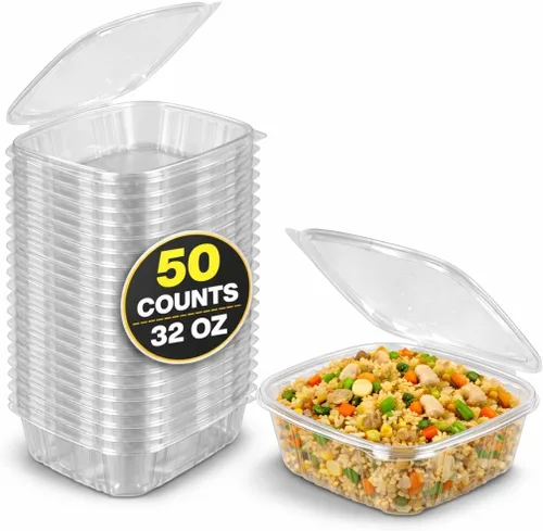 Vista 11 de Contenedores de delicatessen con tapas con bisagras, plástico PET, transparente, 24 onzas, 50 unidades, concha, rectangular, almacenamiento
