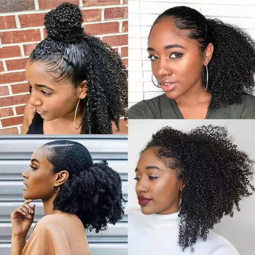 Vista 8 de Cola de Caballo con Cordón Afro Puff Cabello Humano Afro Rizado Crespo Cola de Caballo con Cordón 4C para Mujeres Negras Extensión de Cabello Humano
