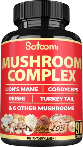 Vista 11 de Satoomi Complejo de suplemento Reishi 5000 mg - 10 en 1 combinado con melena de león, Cordyceps Sinensis, hongo Chaga y otros - 90 cápsulas durante