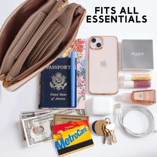 Vista 6 de Humble Chic bolsa pequeña de piel vegana, para usar cruzada o cartera con ajuste de pulsera, incluye hombro ajustable y correa para muñeca.