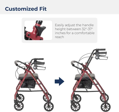 Vista 6 de Drive Medical Aluminum Rollator Walker Fold Up and Removable Back Support, Padded Seat, 6" Wheels, Red