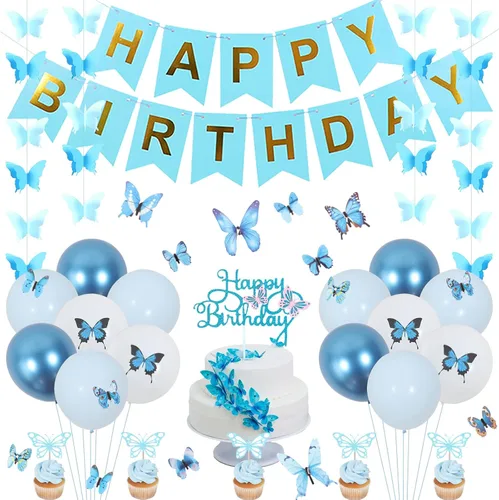 Decoraciones de cumpleaños de mariposa azul para niña, 40 unidades, pancarta de feliz cumpleaños, guirnaldas colgantes de mariposas, decoración de