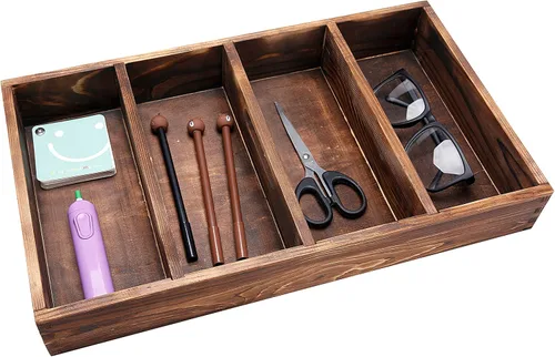Vista 2 de MyGift Bandeja organizadora de cajones de madera quemada con 4 ranuras, utensilios multiusos, cubiertos, contenedor de madera para herramientas