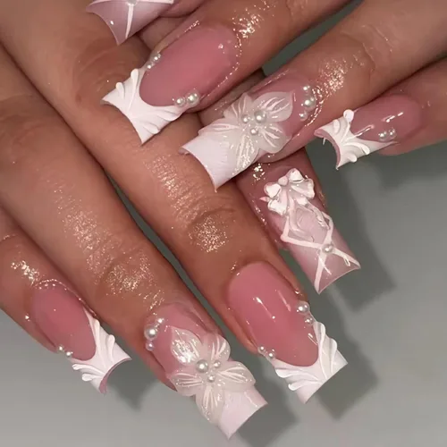 Vista 30 de BABALAL Uñas largas cuadradas a presión, uñas acrílicas rosas con dijes de flores de mariposa 3D, uñas postizas artificiales con purpurina