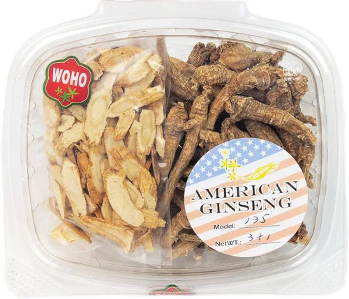 Paquete familiar: WOHO # 135 American Ginseng corto raíz pequeña 3 oz +rebanada de ginseng americano gratis pequeña 1 oz